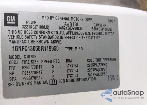2008 Chevrolet Tahoe Lt z USA, uszkodzony, nr VIN 1GNFC13068R119950